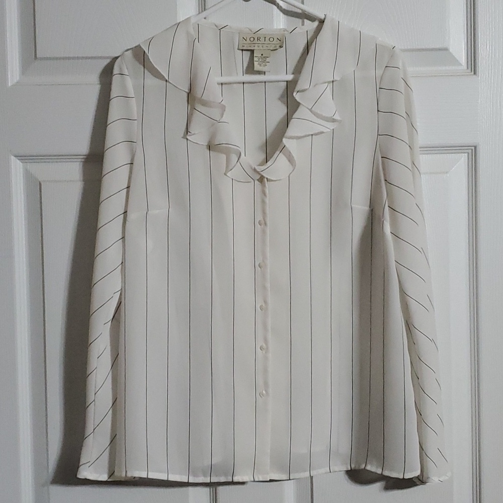 Norton McNauchton Sheer White Striped Bell Sleeve Button Down Blouse Sz 8 Office